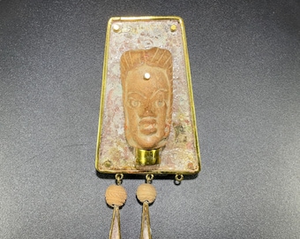 Signed Nancarrow Mexico Pendant Brooch in Copper Brass & Clay