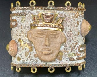 Signed Casa Maya Mexico Copper / Brass / Clay Cuff Bracelet Designed by Annette Nancarrow