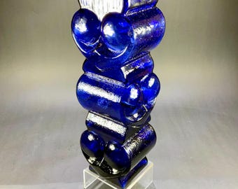 Lars Hellsten Owl Totem Vase in Cobalt Blue Glass for Skruf Glasbruk
