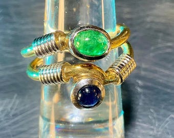 Vintage 14k Two-Tone Toi-Et-Moi / Bypass Ring - Cabochon Emerald and Blue Spinel