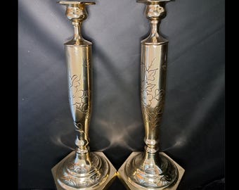Pair Of Vintage Brass Candlesticks With Hexagonal shaped Bases – 28.7cm Tall