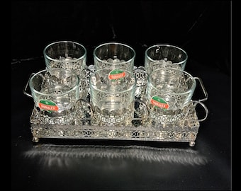 Vintage Set of 6 Duralex Tea Glasses with Removable Metal Holders and Metal Tray