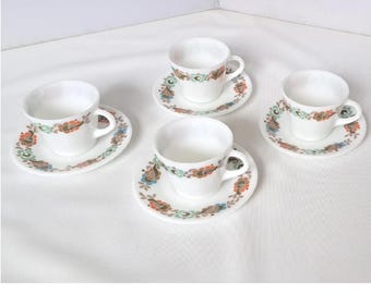 Vintage JAJ Pyrex Cups And Saucers Tempo Pattern – Set Of Four