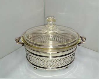 Antique Pyrex Glass Casserole Dish In Silver Plated Stand