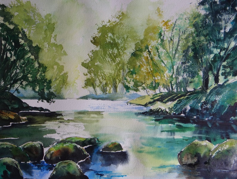 Step by Step River Landscape in watercolor image 1