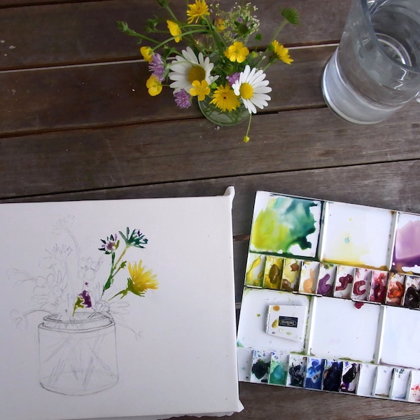 Wild flowers in a Jam Jar Watercolour tutorial