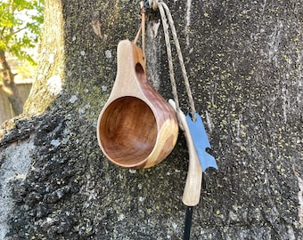 Kit de survie Kuksa en bois de noyer : percuteur en bois de cerisier et paracorde