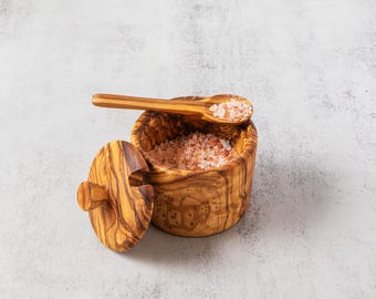 Olive Wood Salt Cellar – Handmade with Lid & Spoon Notch