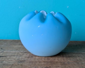 Midcentury White to Blue Gradient Satin Finish Rose Bowl with Ruffled Edges, Cased Art Glass