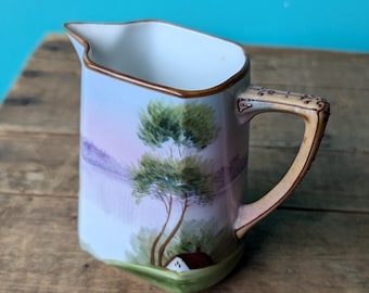 Antique Noritake Creamer, House by the Lake with Pink and Purple Sky, Hand Painted Japan, Signed Morimura Bros Nippon
