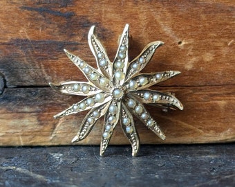Antique 10K Gold Sunburst Seed Pearl Brooch/Pendant