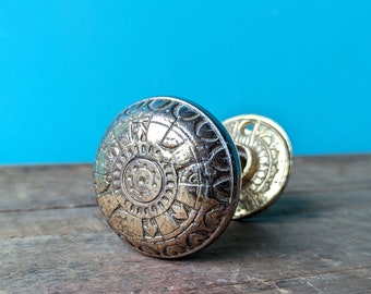 Vintage Ornate Brass Plated Door Knob with 2 Rosettes, Border of Hearts Design