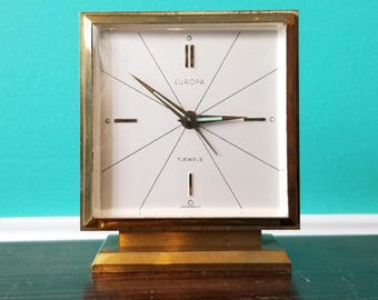 Europa 7 Jewel Mid Century Mechanical Alarm Clock. Germany.