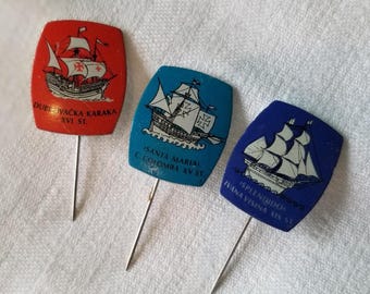 Historic Ships 1960's Yugoslavian Stick Pin Set. Ragusan Argosy, Santa Maria and Splendido.