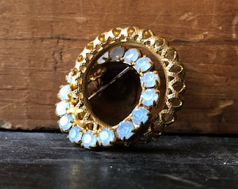 Vintage Blue Rhinestone Double Circle Brooch