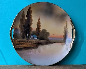 Antique Hand Painted Noritake Two Handle Decorative Dish, House by the Lake Sunset Scene, 1920's - 1940s Made in Japan, 9 3/4"