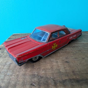 Vintage Tin Friction Lithograph Fire Chief Car, FD Fire Department Wagon, Made in Japan