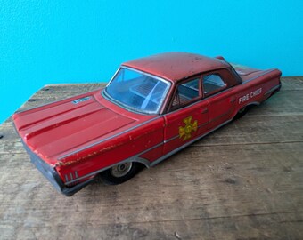 Vintage Tin Friction Lithograph Fire Chief Car, FD Fire Department Wagon, Made in Japan