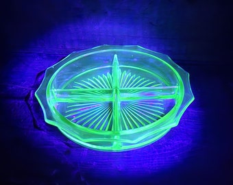 Vintage Uranium Glass Four Compartment Serving Dish, Depression Glass Divided Dish