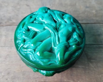 1940s Malachite Jade Green Glass Vanity Box