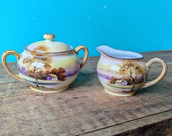 Antique Hand Painted Noritake Sugar Bowl and Creamer Set, Autumnal Scene House by the Lake, 1920's - 1940s Made in Japan