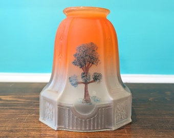 Vintage Hand Painted Frosted Glass Lamp Shade Sunset and Tree