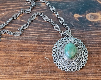 Silver Los Ballesteros Vintage Poison Locket with Green Stone. Taxco Silver Mexico.