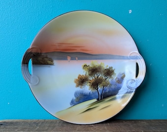 Antique Hand Painted Noritake Two Handle Decorative Dish, Tree by the Lake with Sailboats, 1920's - 1940s Made in Japan