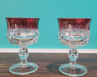Mid-century Modern Pressed Cranberry Glass Goblets Pair