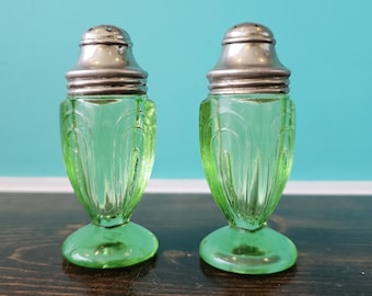 Hazel Atlas Uranium Depression Glass Salt and Pepper Shakers. 1930's. United States.