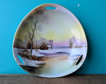 Antique Hand Painted Nippon Noritake Three Handle Decorative Dish, Snowy Cabin by the Lake, 1910's - 1920s Made in Japan