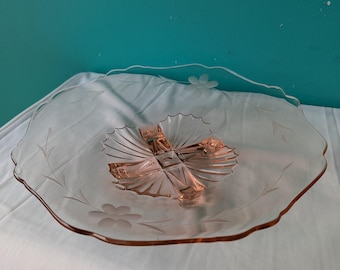 Pink Depression Glass Four Footed Serving Platter with Scalloped Edges and Etched Floral Design