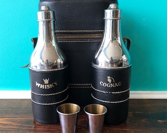 Leather and Stainless Steel Mid-century Modern Travel Barware Set with Carrying Case