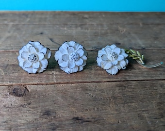 Coro Signed Brooch and Screw Back Earring Set, Porcelain Flower Design