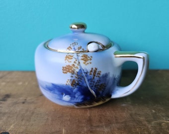 Antique Noritake Sugar Container with Spoon and Lid, Blue Lake Scene with Swan and Tree, Hand Painted Made in Japan