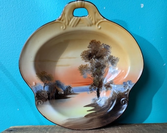 Antique Noritake Trinket Dish with One Handle, Tree and House by the Lake, Hand Painted Made in Japan
