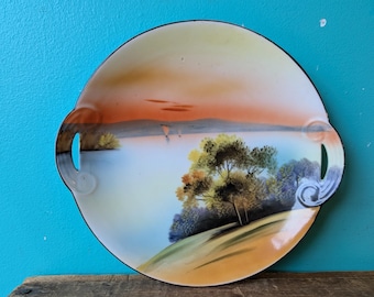 Antique Hand Painted Noritake Two Handle Decorative Dish, Deep Orange Sunset Tree by the Lake with Sailboats, 1920's - 1940s Made in Japan