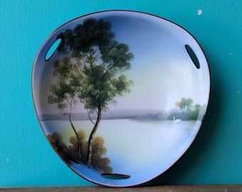 Antique Hand Painted Noritake Three Handle Decorative Dish, Tree by the Lake with Swan, 1920's - 1940s Made in Japan