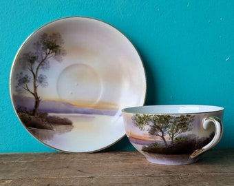 Antique Hand Painted Noritake Teacup and Saucer, Tree by the Lake with Dreamy Purple Sunset, 1920's - 1940s Made in Japan