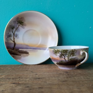 Antique Hand Painted Noritake Teacup and Saucer, Tree by the Lake with Dreamy Purple Sunset, 1920&#39;s - 1940s Made in Japan