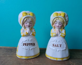 Vintage Salt and Pepper Shakers Praying Girls Yellow Gingham Dresses Ceramic Japan