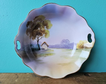 Antique Noritake Round Bowl with Two Handles, House in the Meadow with Pink and Purple Sky, Hand Painted Japan, Signed Morimura Nippon