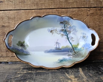 Antique Noritake Ovular Bowl with Two Handles, Blue Lake Scene with Windmill, Hand Painted Made in Japan