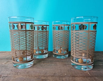 Set of Four Vintage Glasses Gold Tone Pattern