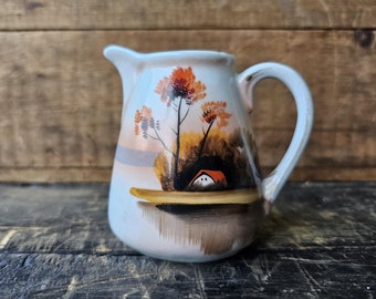 Vintage Hand Painted Ceramic Creamer, Made in Japan, Cottage on the Lake Sunset