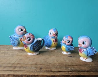 Rare Collectible Lefton Bluebird Condiment Set, Salt and Pepper Shakers, Lidded Jam Container, Sugar and Creamer, Made in Japan
