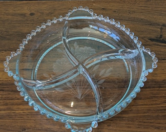Vintage Divided Cut Crystal Dish, Hughes Cornflower Etched Design with Hobnail Trim