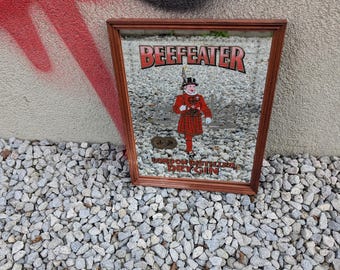 Vintage Beefeater London Distilled Dry Gin Mirror Bar Sign in Wood Frame, 16" x 12" x 1/2"