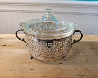 Vintage Pyrex Casserole Dish and Silver Plated Metal Stand