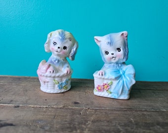 Vintage Salt and Pepper Shaker Set Kitten and Puppy in Basket Ceramic Japan